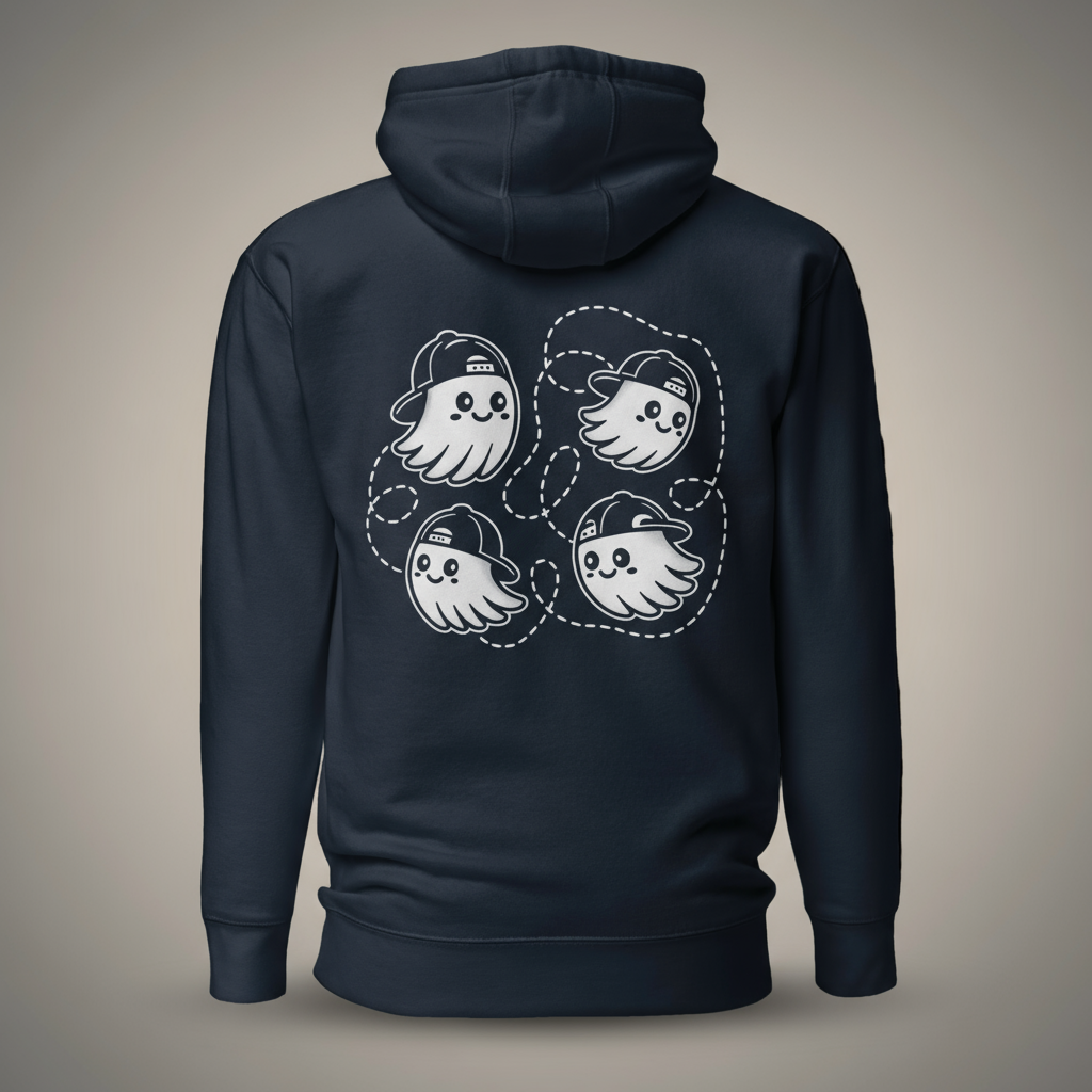 Navy blue hoodie with white ghost designs on the back