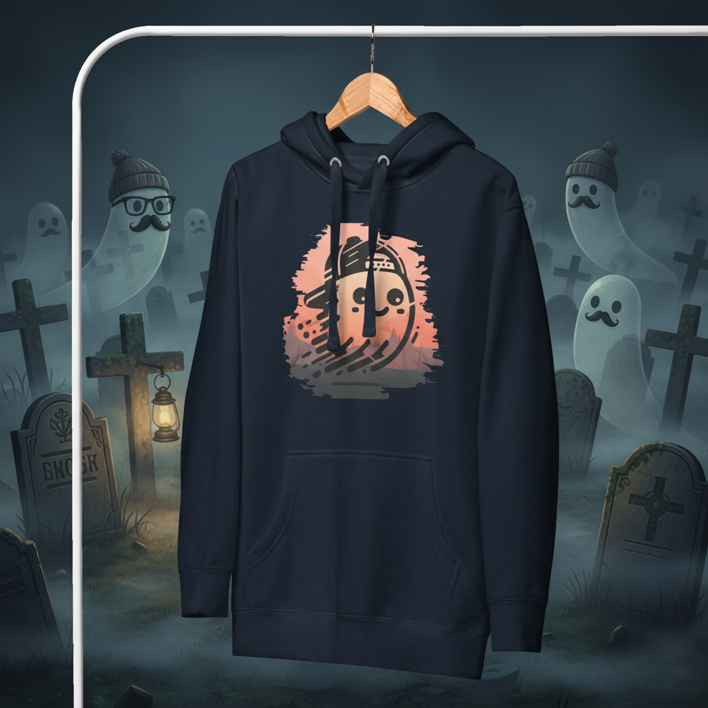 Navy blue hoodie with a colorful graphic on a hanger against a white background