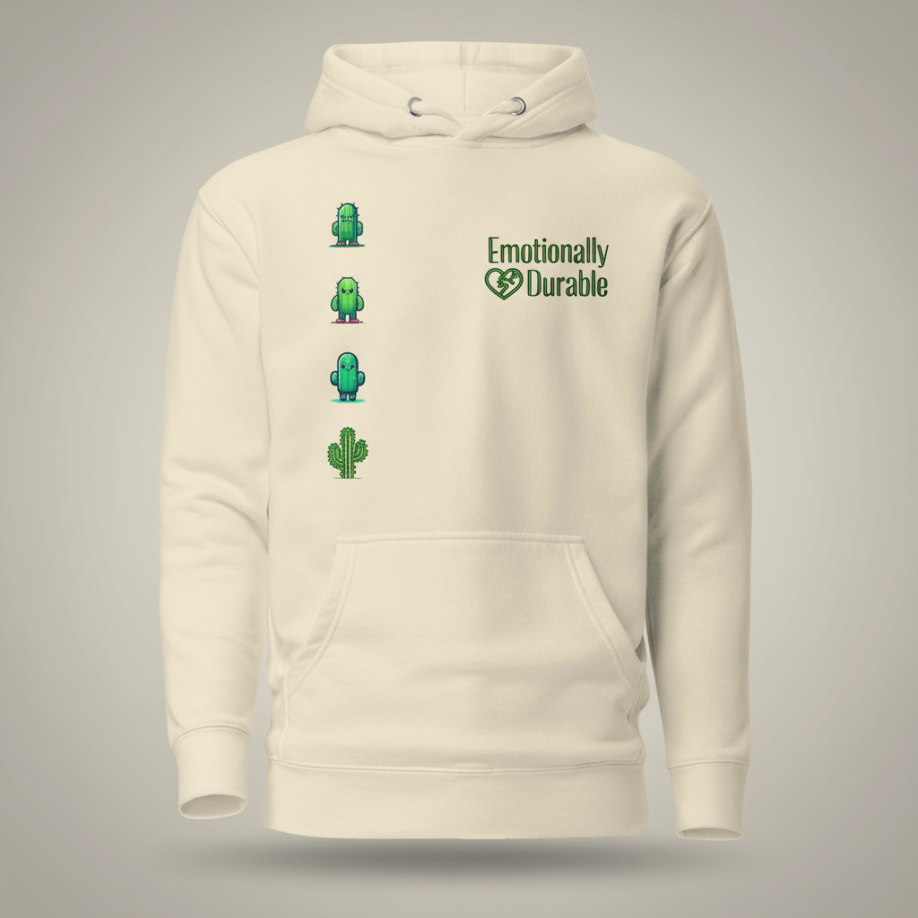 Beige hoodie with green cactus illustrations and text 