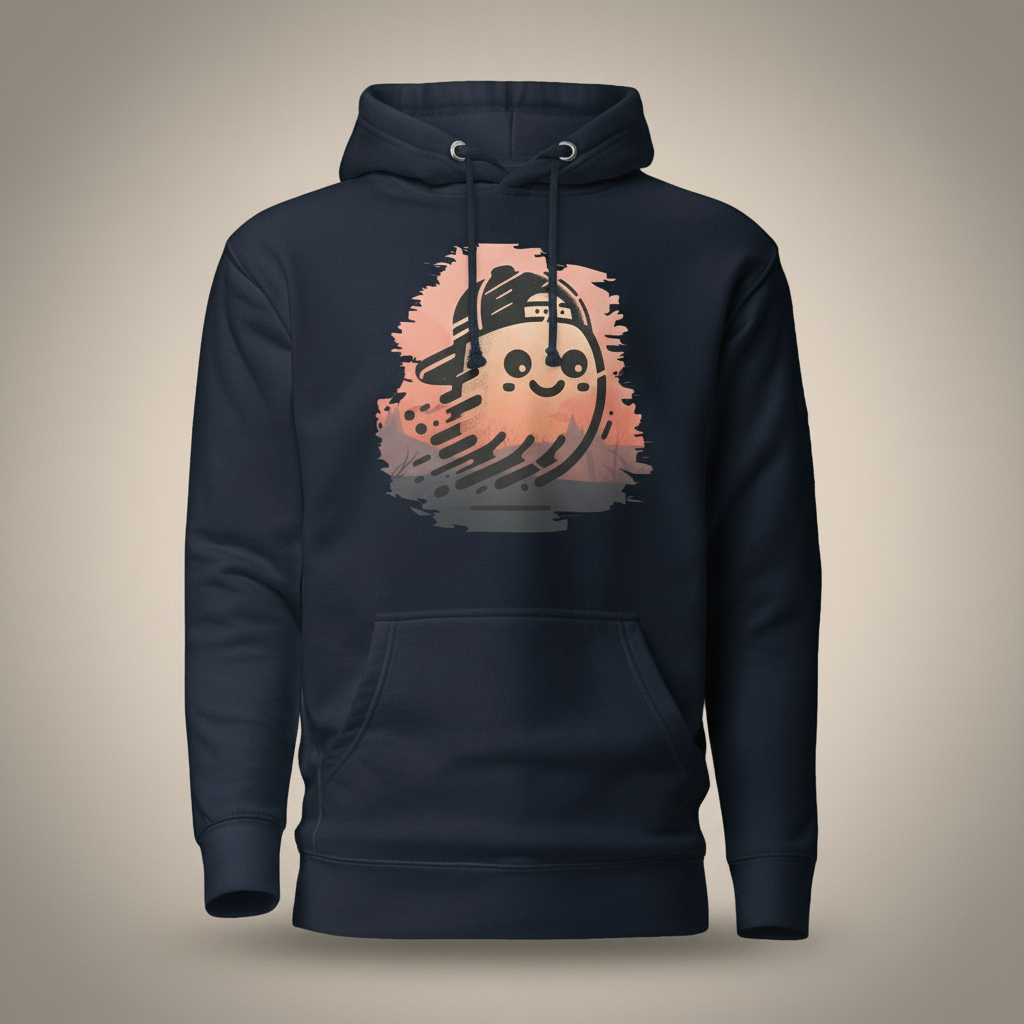 Navy blue hoodie with a cartoon ghost design