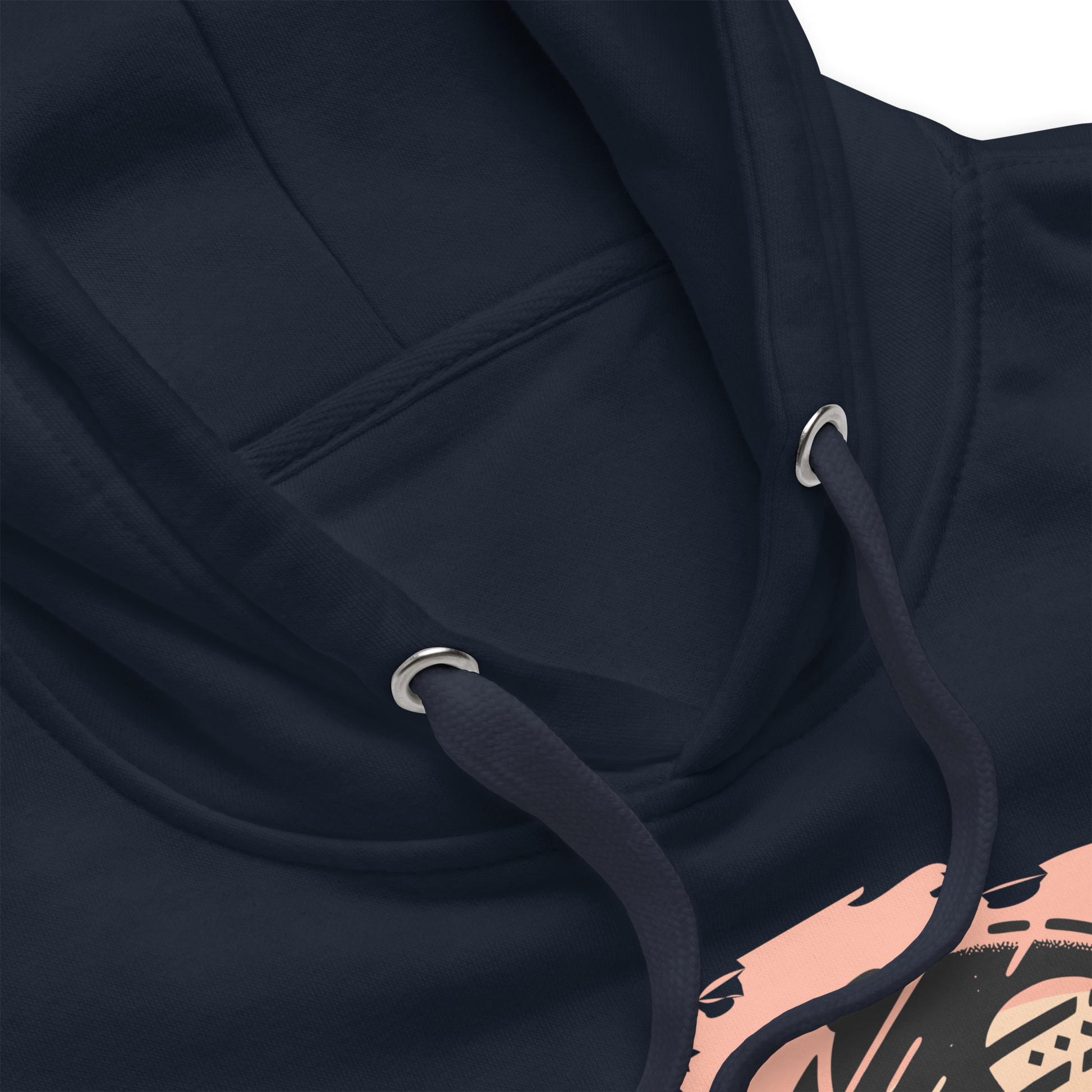 Close-up of a black hoodie with pink graphic design on a white background